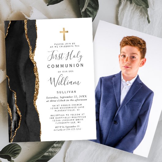 Invitation Custom Photo Black Agate Gold First Holy Communion