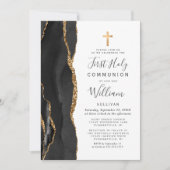 Invitation Custom Photo Black Agate Gold First Holy Communion (Devant)