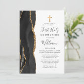 Invitation Custom Photo Black Agate Gold First Holy Communion (Debout devant)