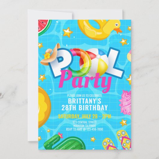 Invitation Custom Pool Party Birthday Summer Birthday Party (Devant)