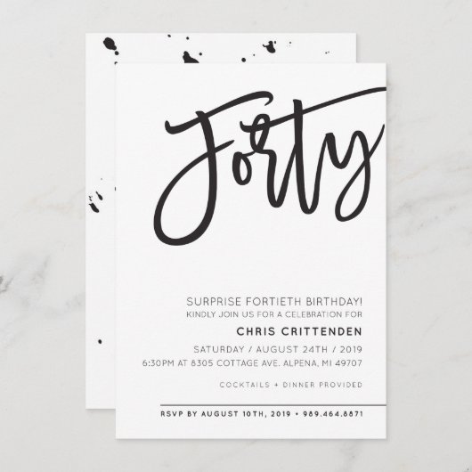 Invitation CUSTOM QUARANTE fête d'anniversaire moderne pour C (Devant / Derrière)