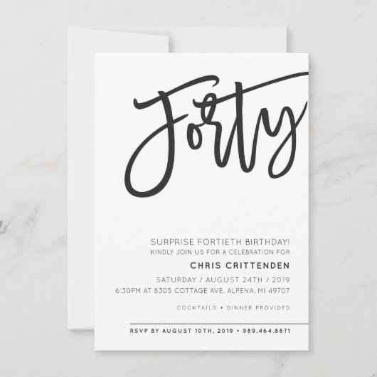 Invitation CUSTOM QUARANTE fête d'anniversaire moderne pour C (Devant)
