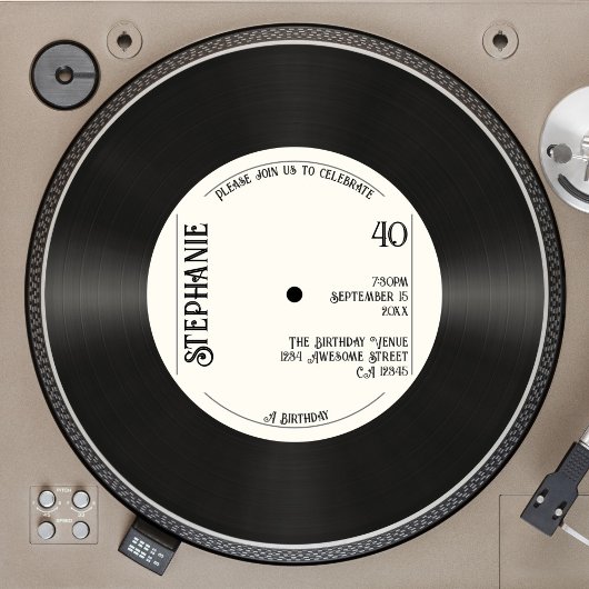 Invitation Custom Retro Faux Vinyl Record Musique 40e anniver