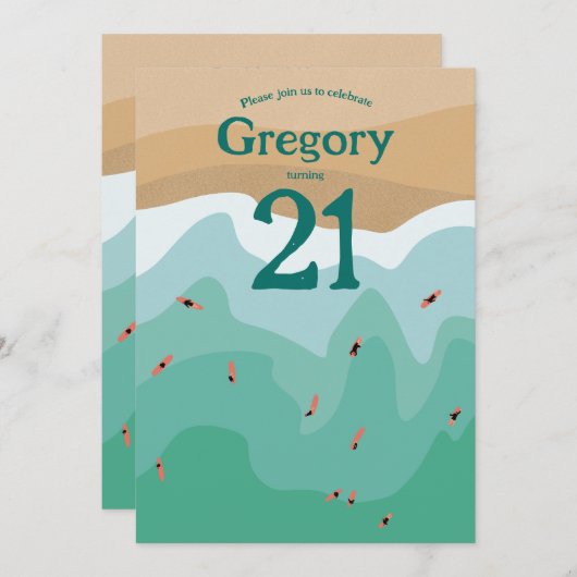 Invitation Custom Retro Surfing Ocean 21e anniversaire (Devant / Derrière)