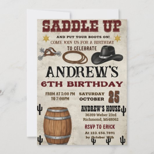 Invitation Custom Rustic Cowboy Western Birthday Party (Devant)
