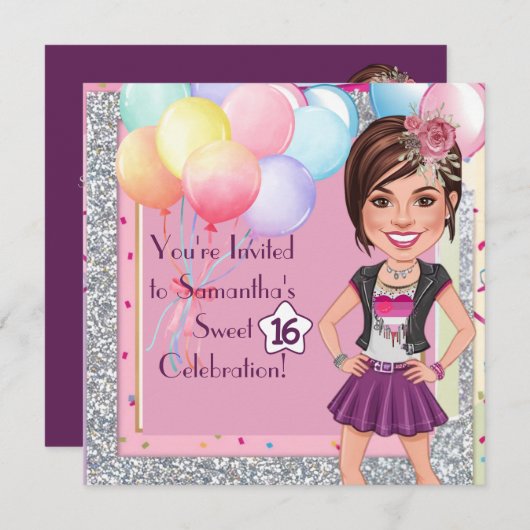 Invitation Custom Sweet 16 Caricature with Balloons and Glam (Devant / Derrière)