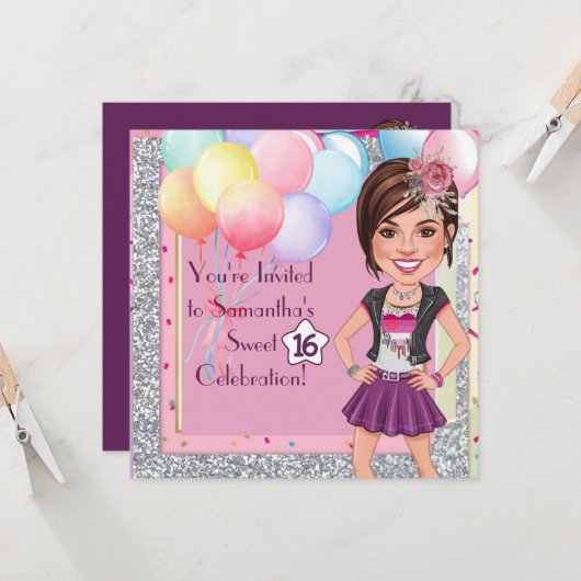 Invitation Custom Sweet 16 Caricature with Balloons and Glam (Devant/Arrière en situation)