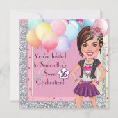 Invitation Custom Sweet 16 Caricature with Balloons and Glam (Devant)
