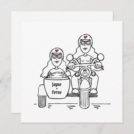 Invitation Custom Two Brides Motorbike et Sidecar Mariage (Devant / Derrière)