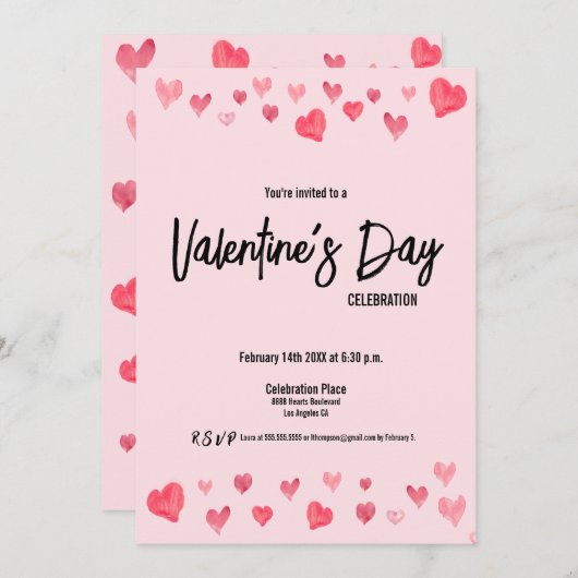 Invitation Custom Valentine's Day Friends aquarelle coeurs (Devant / Derrière)