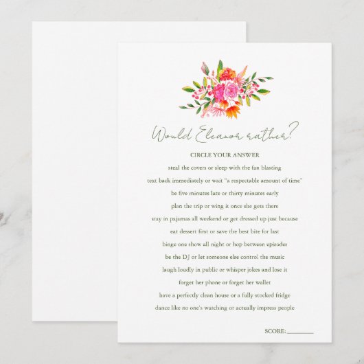 Invitation Custom Would She Rather Floral Shower Game (Devant / Derrière)