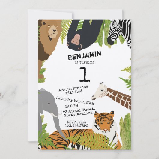 Invitation Customisé Mignonne Jungle Animaux Safari Anniversa (Devant)