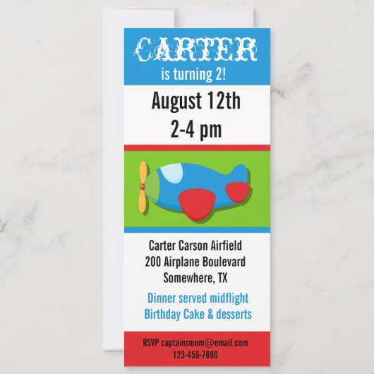 Invitation customisée d'anniversaire d'avion (Dos)