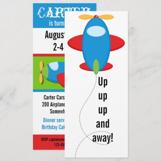 Invitation customisée d'anniversaire d'avion (Devant / Derrière)