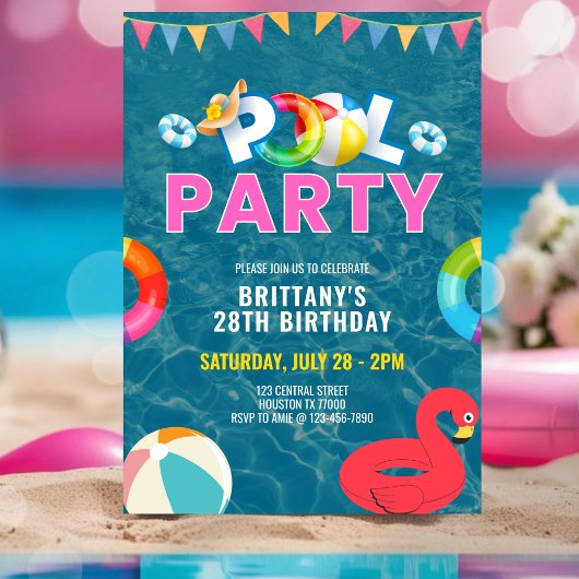Invitation Customisée Pink Pool Party Fille Anniversaire