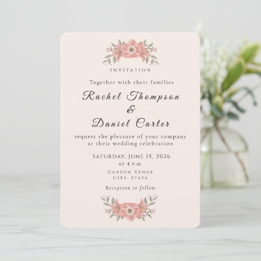 Invitation Customized Blush Pink Garden Floral Wedding  (Debout devant)
