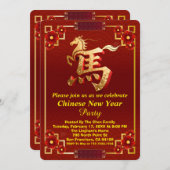 Invitation Customized Gold Horse Red Chinese New Year Party  (Devant / Derrière)