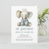Invitation Cute 1er Anniversaire Jouet Eléphant Bleu Farci (Debout devant)