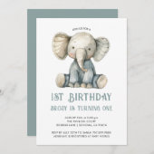 Invitation Cute 1er Anniversaire Jouet Eléphant Bleu Farci (Devant / Derrière)