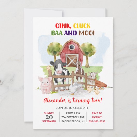 Invitation Cute 2e anniversaire Animaux de ferme Barnyard Enf (Devant)