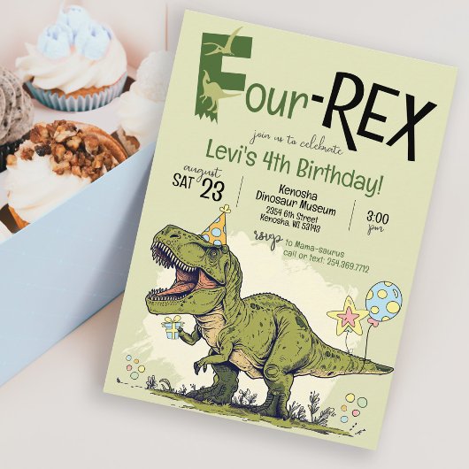 Invitation Cute 4-REX Dinosaur Dinosaure Boy 4e fête d'annive