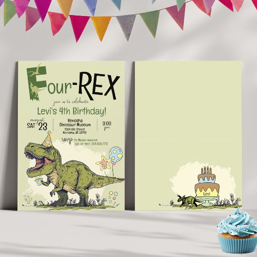 Invitation Cute 4-REX Dinosaur Dinosaure Boy 4e fête d'annive
