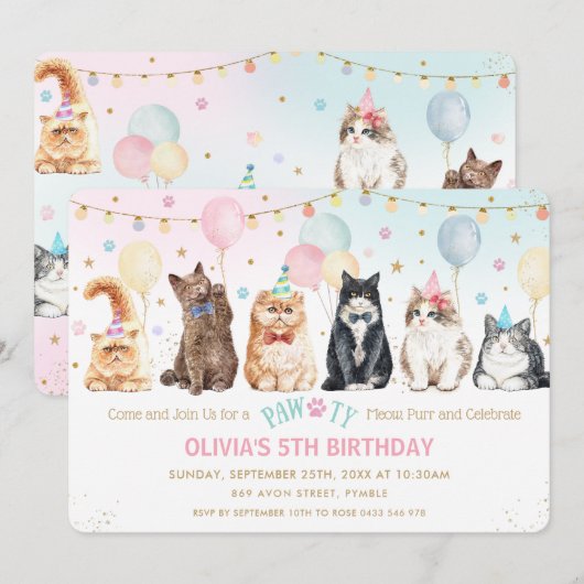 Invitation Cute adorable Chats Pawty Balloons Anniversaire I (Devant / Derrière)
