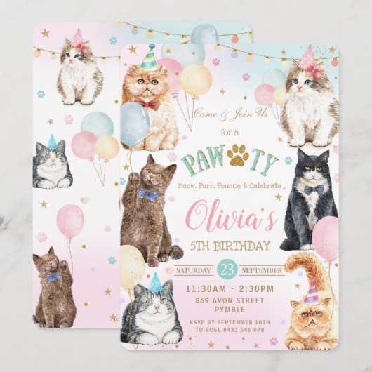 Invitation Cute adorable Chats Pawty Balloons Anniversaire I (Devant / Derrière)
