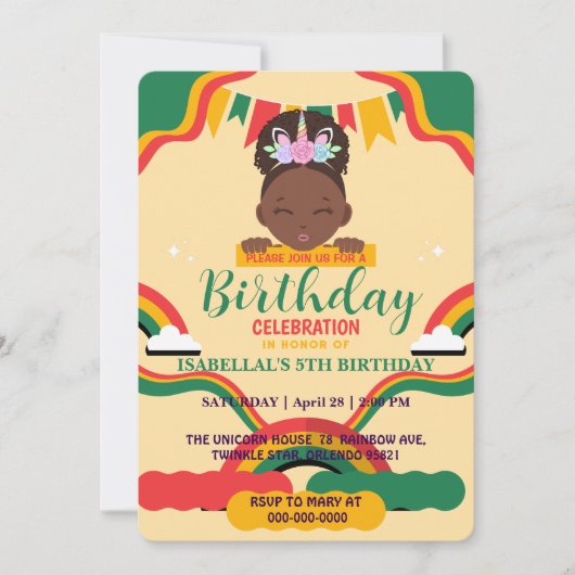 Invitation Cute afro licorne Africaine amérique filles Annive (Devant)