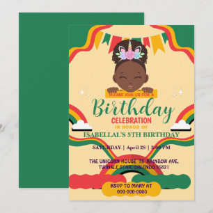 Invitation Cute afro licorne Africaine amérique filles Annive