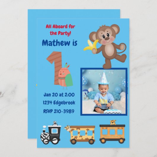 Invitation Cute All Aboard Jungle Thème 1er Anniversaire (Devant / Derrière)