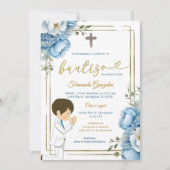 Invitation Cute Angel Boy espagnol Bautizo Dusty Blue Gold (Devant)