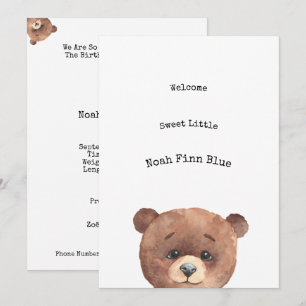 Invitation Cute Animal Brown Bear Sweet Baby Announcement