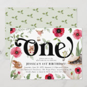 Invitation Cute Animal & Floral 'ONE' Tea Party 1er anniversa (Devant / Derrière)