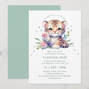 Invitation Cute Animal Tiger Etoiles Blanc Baby shower vert