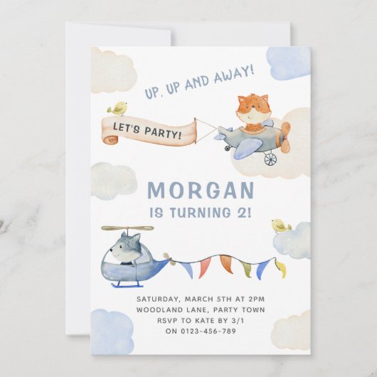 Invitation Cute Animaux Avion Bleu Anniversaire (Devant)