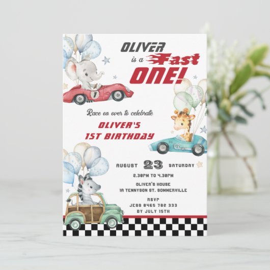 Invitation Cute Animaux Course Voitures 1er Anniversaire Fast (Debout devant)