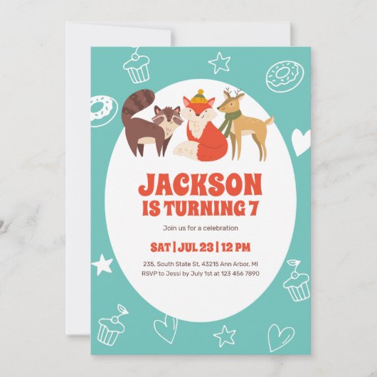 Invitation Cute Animaux d'automne Fox Deer Racoon Anniversair (Devant)