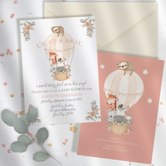 Invitation Cute Animaux Hot Air Balloon Giraffe Sloth Zebra