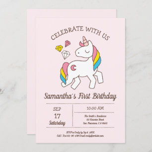 Invitation Cute anniversaire Rainbow Unicorn
