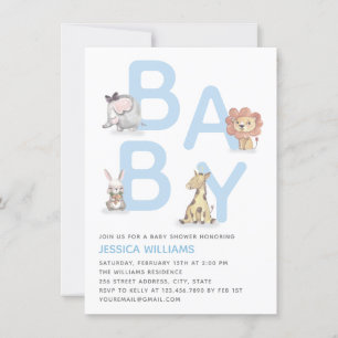 Invitation Cute Aquarelle Animal Blue Boy Baby shower