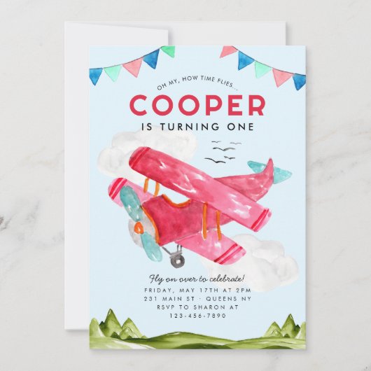 Invitation Cute Aquarelle Aviation Sky Red Avion Anniversaire (Devant)