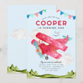 Invitation Cute Aquarelle Aviation Sky Red Avion Anniversaire (Devant / Derrière)