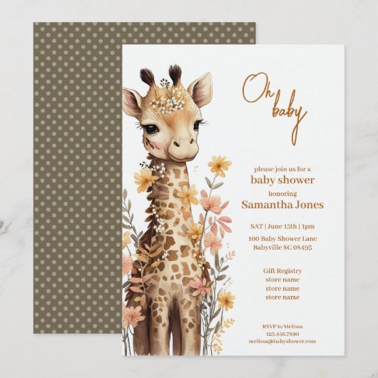 Invitation Cute Aquarelle Baby Giraffe Baby shower (Devant / Derrière)