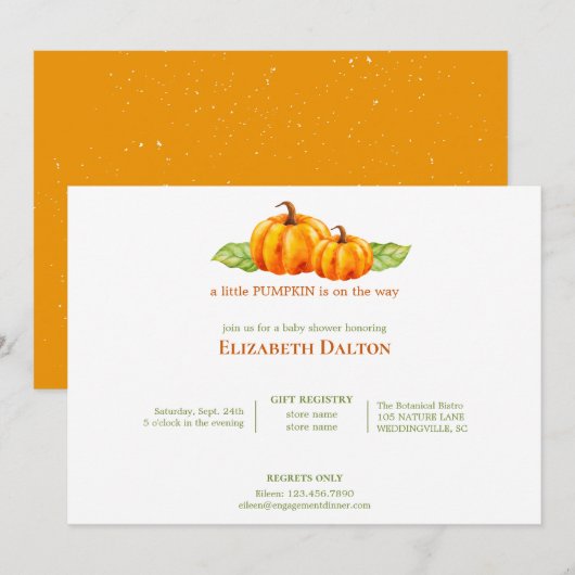 Invitation Cute aquarelle Baby shower Citrouille orange (Devant / Derrière)