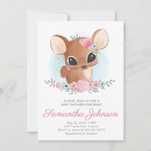 Invitation Cute aquarelle Baby shower de cerfs floraux (Devant)