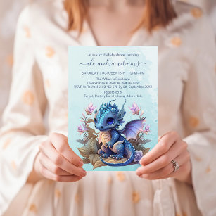 Invitation Cute Aquarelle Baby shower Dragon Bleu