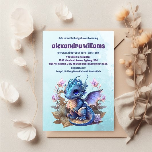 Invitation Cute Aquarelle Baby shower Dragon Bleu