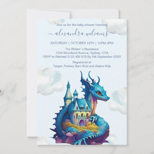 Invitation Cute Aquarelle Baby shower Dragon Bleu (Devant)