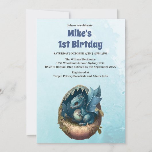 Invitation Cute Aquarelle Baby shower Dragon Bleu (Devant)